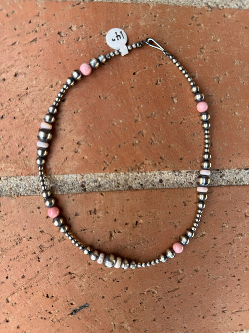 Handcrafted Pink Conch & Sterling Silver 3-8mm Beaded Necklace 14"
