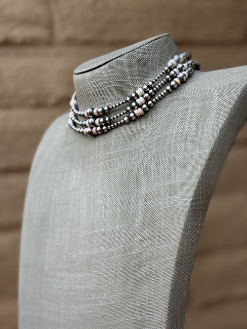 Handcrafted Pink Conch & Sterling Silver 3-8mm Beaded Necklace 14"