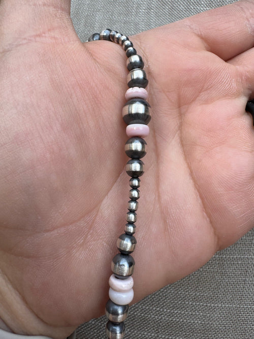 Handcrafted Pink Conch & Sterling Silver 3-8mm Beaded Necklace 14"