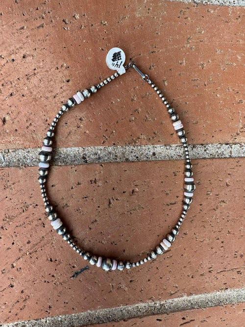 Handcrafted Pink Conch & Sterling Silver 3-8mm Beaded Necklace 14"