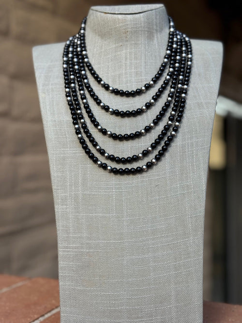 Handcrafted Sterling Silver Pearl & Onyx 5mm Beaded Necklace