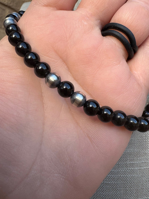 Handcrafted Sterling Silver Pearl & Onyx 5mm Beaded Necklace