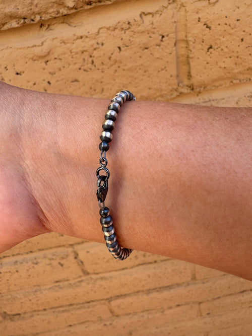 Handcrafted Sterling Silver Pearl & Turquoise 4mm Beaded Heart Bracelet 7.5"