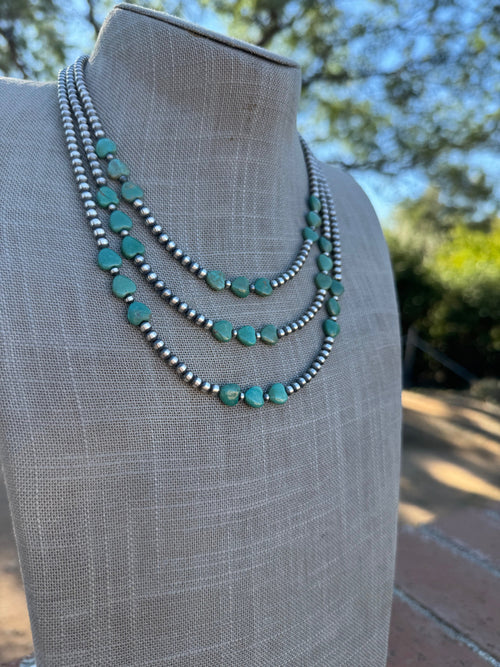 Handcrafted Kingman Turquoise &  Sterling Silver Heart 4mm Beaded Necklace