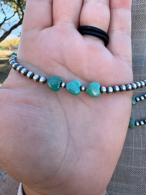 Handcrafted Kingman Turquoise &  Sterling Silver Heart 4mm Beaded Necklace