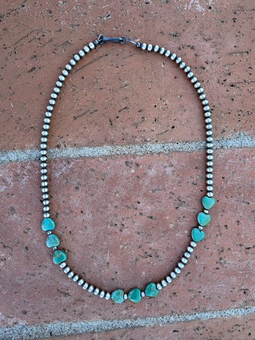 Handcrafted Kingman Turquoise &  Sterling Silver Heart 4mm Beaded Necklace