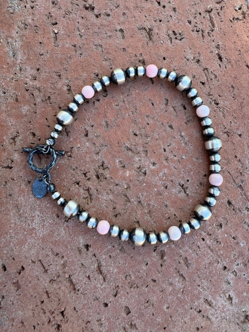 Handcrafted Pink Conch & Sterling Silver 3-6mm Beaded Bracelet 7.5"