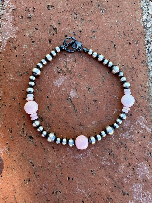 Handcrafted Pink Conch & Sterling Silver 4-6mm Beaded Bracelet 7.5"