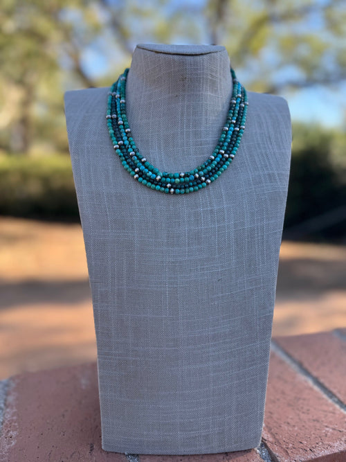 Handcrafted Kingman Turquoise & Sterling silver pearl 5mm Beaded Necklace 18"