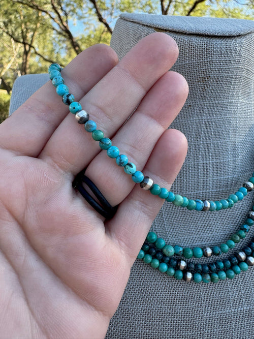 Handcrafted Kingman Turquoise & Sterling silver pearl 5mm Beaded Necklace 18"