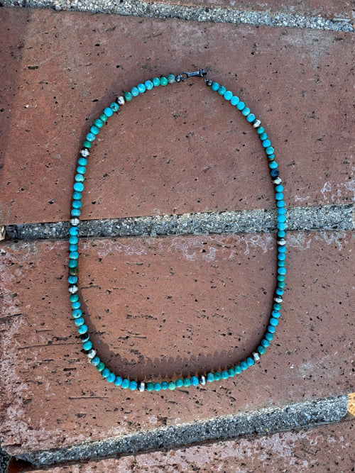 Handcrafted Kingman Turquoise & Sterling silver pearl 5mm Beaded Necklace 18"