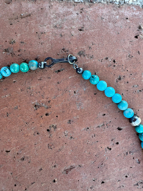Handcrafted Kingman Turquoise & Sterling silver pearl 5mm Beaded Necklace 18"