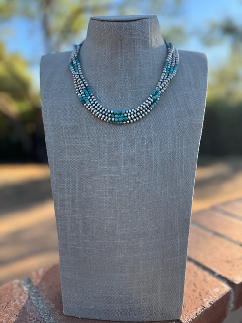 Handcrafted Kingman Turquoise & Sterling silver pearl 4mm Beaded Necklace 18"