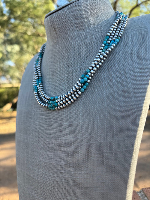 Handcrafted Kingman Turquoise & Sterling silver pearl 4mm Beaded Necklace 18"