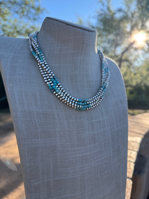 Handcrafted Kingman Turquoise & Sterling silver pearl 4mm Beaded Necklace 18"