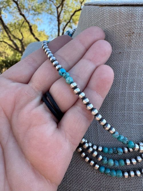 Handcrafted Kingman Turquoise & Sterling silver pearl 4mm Beaded Necklace 18"