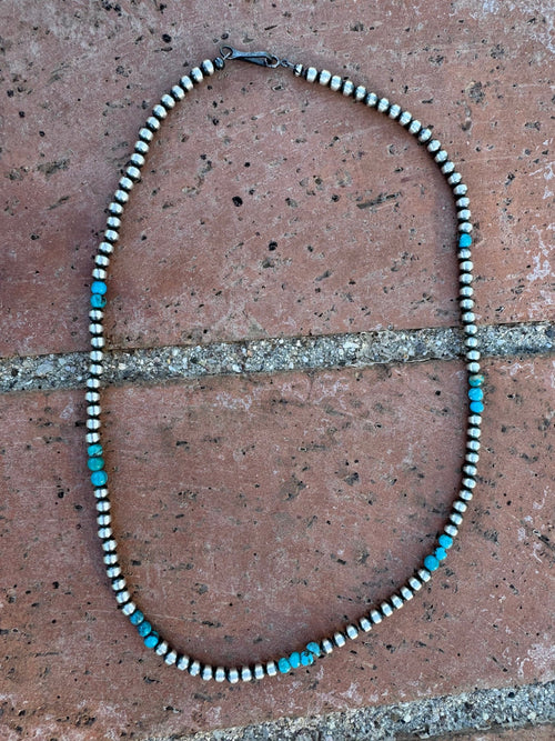 Handcrafted Kingman Turquoise & Sterling silver pearl 4mm Beaded Necklace 18"