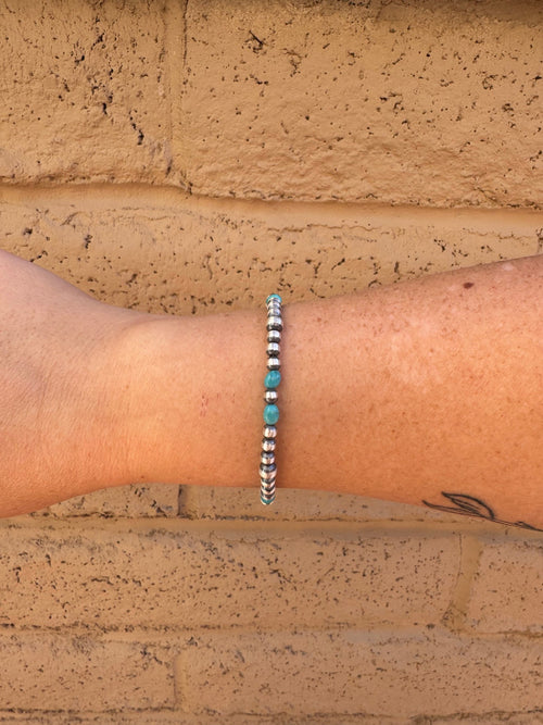 Handcrafted Turquoise & Sterling Silver Pearls 4-5mm Beaded Bracelet 7.5"