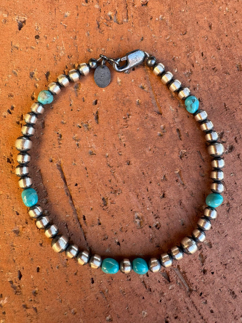 Handcrafted Turquoise & Sterling Silver Pearls 4-5mm Beaded Bracelet 7.5"