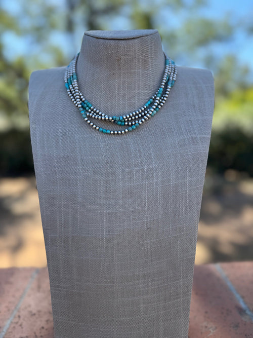 Handcrafted Turquoise & Sterling Silver Pearl 4mm Beaded Necklace 16"