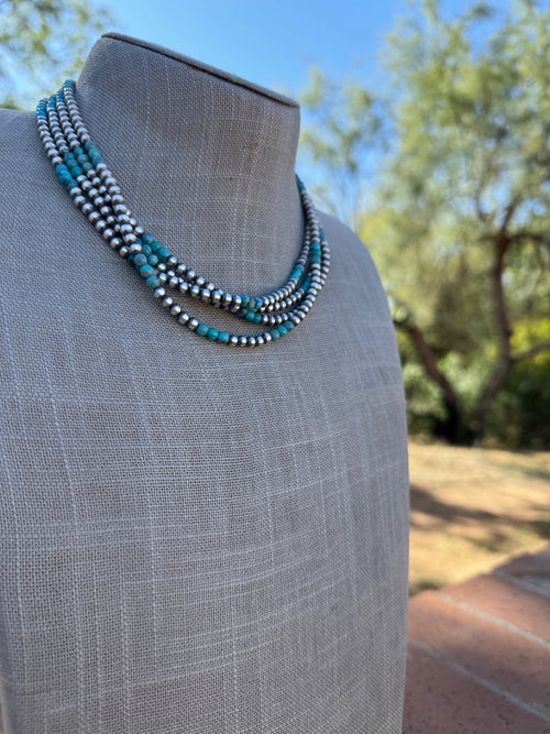 Handcrafted Turquoise & Sterling Silver Pearl 4mm Beaded Necklace 16"