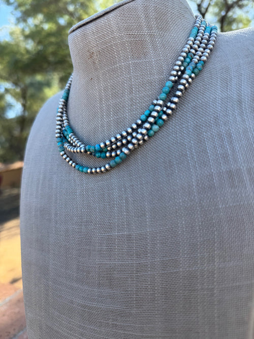 Handcrafted Turquoise & Sterling Silver Pearl 4mm Beaded Necklace 16"