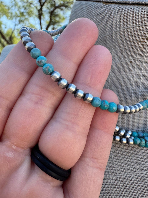 Handcrafted Turquoise & Sterling Silver Pearl 4mm Beaded Necklace 16"