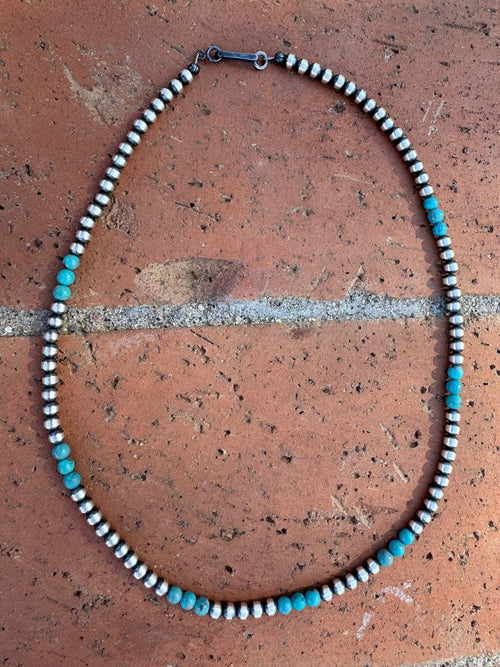 Handcrafted Turquoise & Sterling Silver Pearl 4mm Beaded Necklace 16"