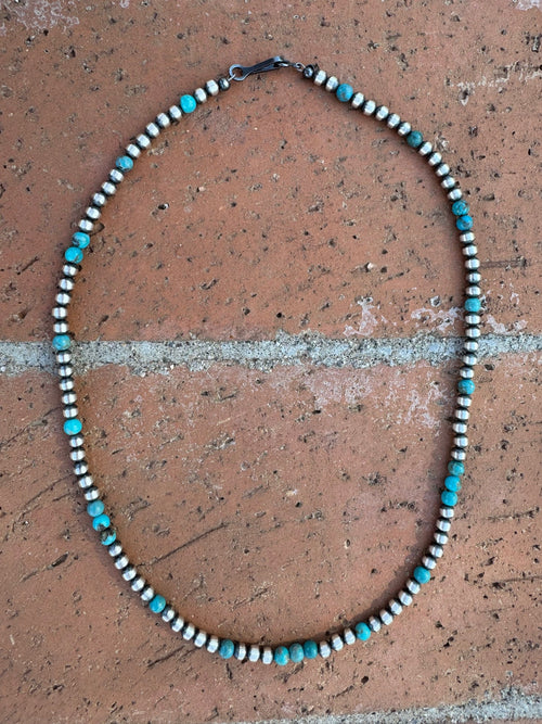 Handcrafted Turquoise & Sterling Silver Pearl 4mm Beaded Necklace 16"