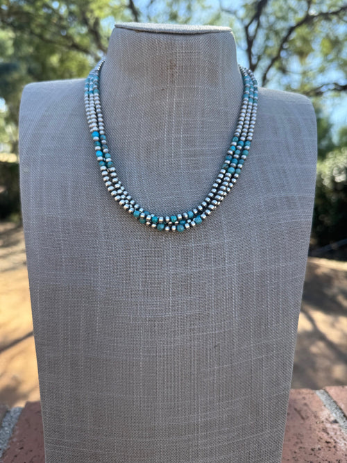 Handcrafted Turquoise & Sterling Silver Pearl 4mm Beaded Necklace 18"