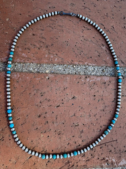 Handcrafted Turquoise & Sterling Silver Pearl 4mm Beaded Necklace 18"