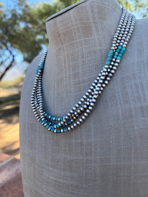 Handcrafted Turquoise & Sterling Silver Pearl 4mm Beaded Necklace 18"