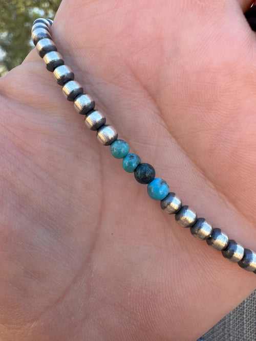 Handcrafted Turquoise & Sterling Silver Pearl 4mm Beaded Necklace 18"