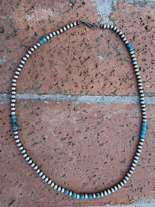 Handcrafted Turquoise & Sterling Silver Pearl 4mm Beaded Necklace 18"