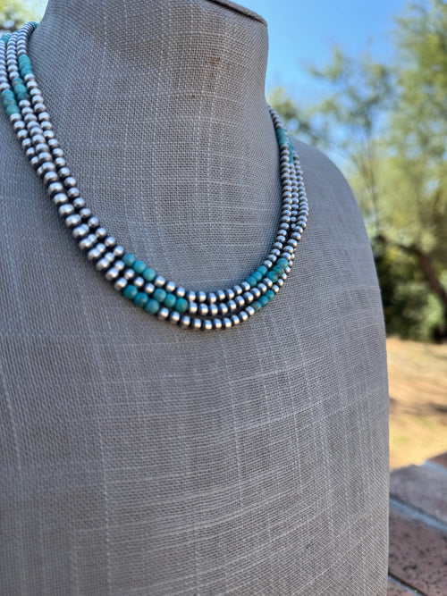 Handcrafted Turquoise & Sterling Silver Pearl 4mm Beaded Necklace 18"