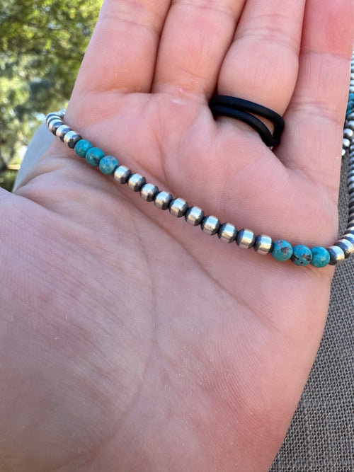 Handcrafted Turquoise & Sterling Silver Pearl 4mm Beaded Necklace 18"