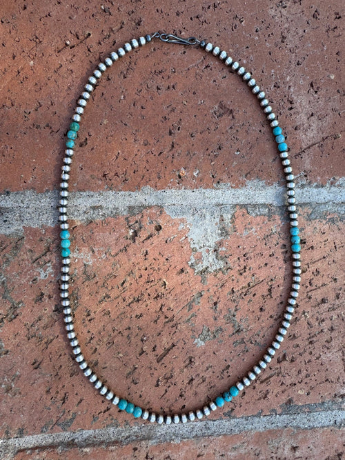 Handcrafted Turquoise & Sterling Silver Pearl 4mm Beaded Necklace 18"