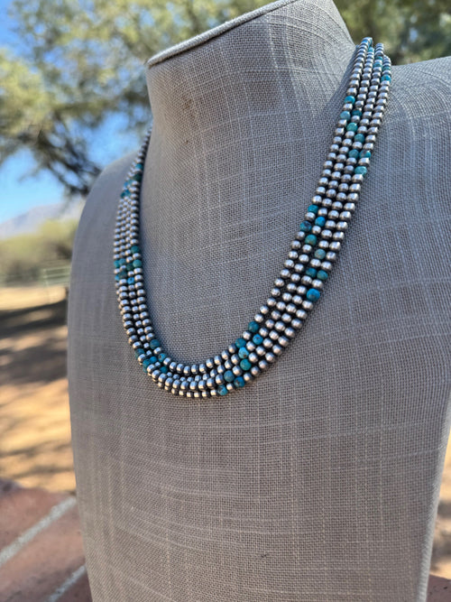 Handcrafted Turquoise & Sterling Silver Pearl 4mm Beaded Necklace 20"