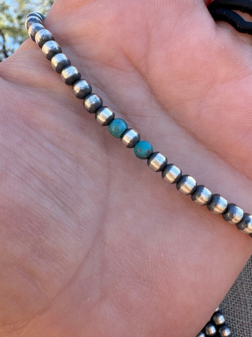 Handcrafted Turquoise & Sterling Silver Pearl 4mm Beaded Necklace 20"