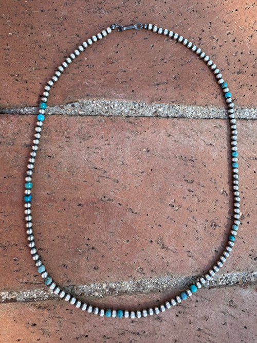 Handcrafted Turquoise & Sterling Silver Pearl 4mm Beaded Necklace 20"