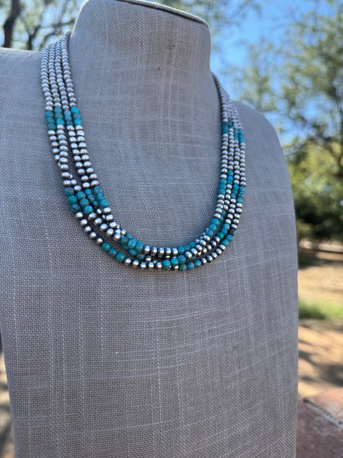 Handcrafted Turquoise & Sterling Silver Pearl 4mm Beaded Necklace 20"