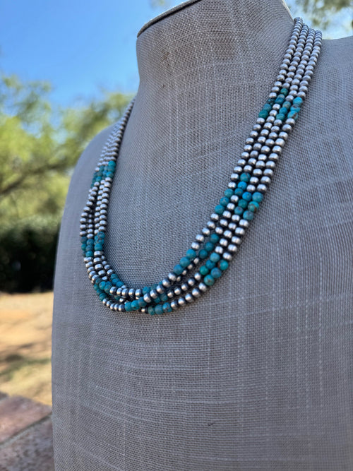 Handcrafted Turquoise & Sterling Silver Pearl 4mm Beaded Necklace 20"