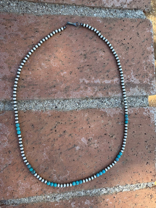 Handcrafted Turquoise & Sterling Silver Pearl 4mm Beaded Necklace 20"