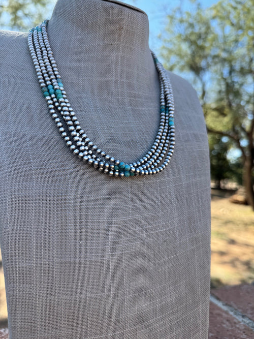 Handcrafted Turquoise & Sterling Silver Pearl 4mm Beaded Necklace 20"