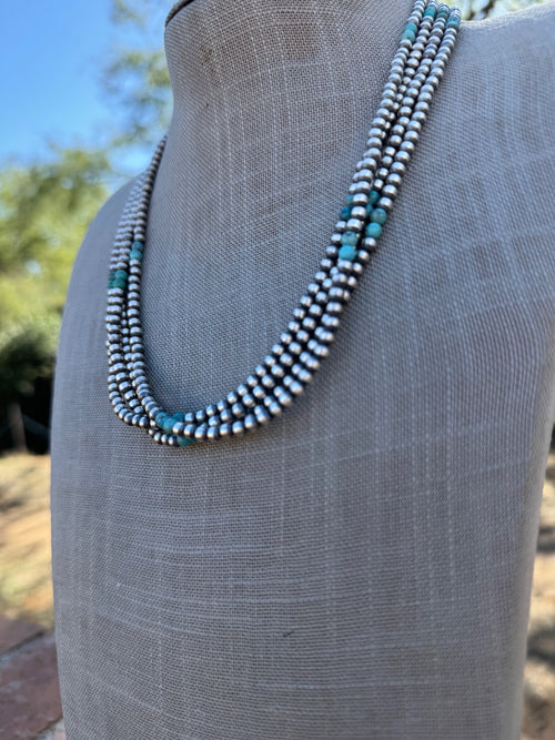 Handcrafted Turquoise & Sterling Silver Pearl 4mm Beaded Necklace 20"