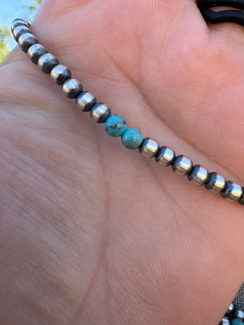 Handcrafted Turquoise & Sterling Silver Pearl 4mm Beaded Necklace 20"