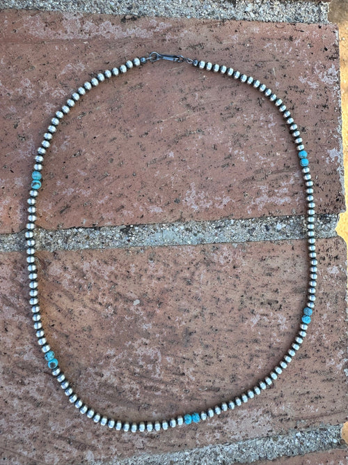 Handcrafted Turquoise & Sterling Silver Pearl 4mm Beaded Necklace 20"
