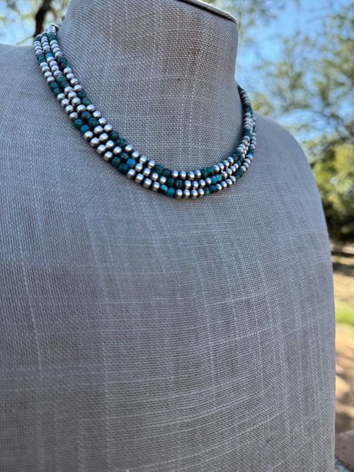 Handcrafted Hubei Turquoise & Sterling Silver Pearl 4mm Beaded Necklace 16"