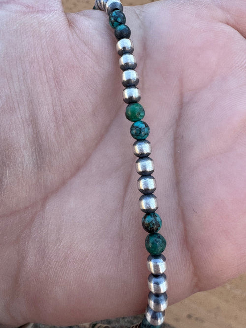 Handcrafted Hubei Turquoise & Sterling Silver Pearl 4mm Beaded Necklace 16"