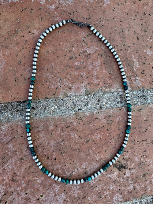 Handcrafted Hubei Turquoise & Sterling Silver Pearl 4mm Beaded Necklace 16"
